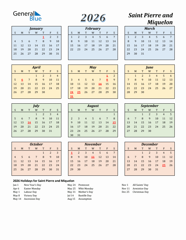 Saint Pierre and Miquelon Calendar 2026 with Sunday Start