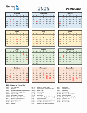 Puerto Rico current year calendar 2026 with holidays