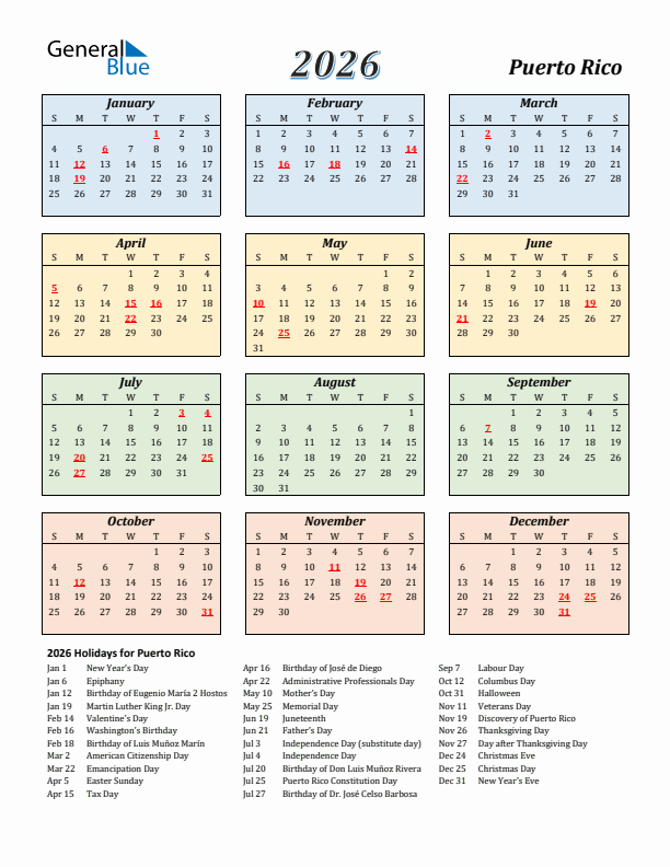 Puerto Rico Calendar 2026 with Sunday Start