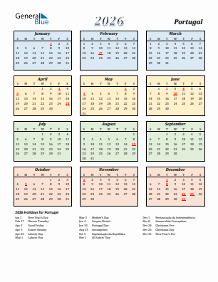 Portugal current year calendar 2026 with holidays