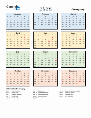 Paraguay current year calendar 2026 with holidays