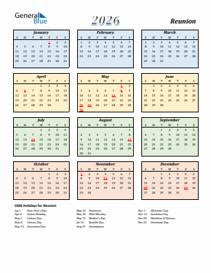 Reunion current year calendar 2026 with holidays