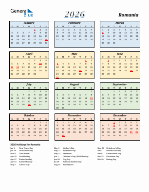 Romania current year calendar 2026 with holidays