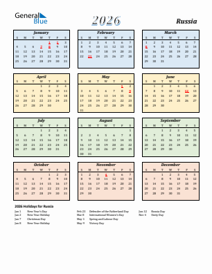 Russia current year calendar 2026 with holidays