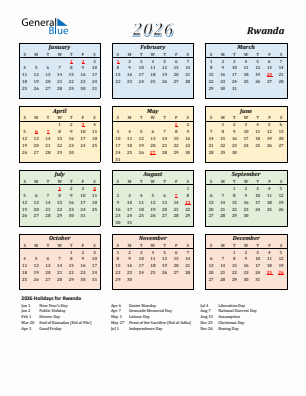 Rwanda current year calendar 2026 with holidays