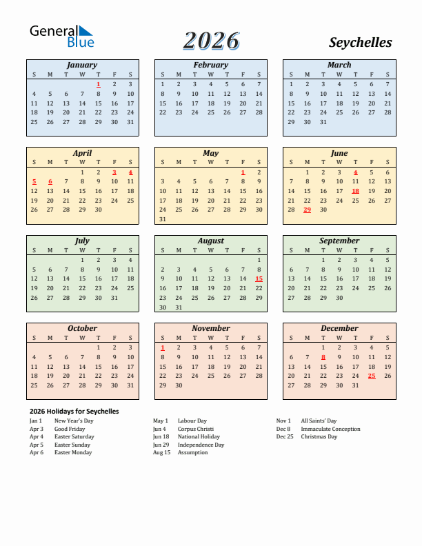 Seychelles Calendar 2026 with Sunday Start