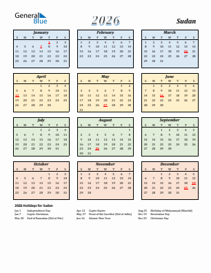 Sudan current year calendar 2026 with holidays