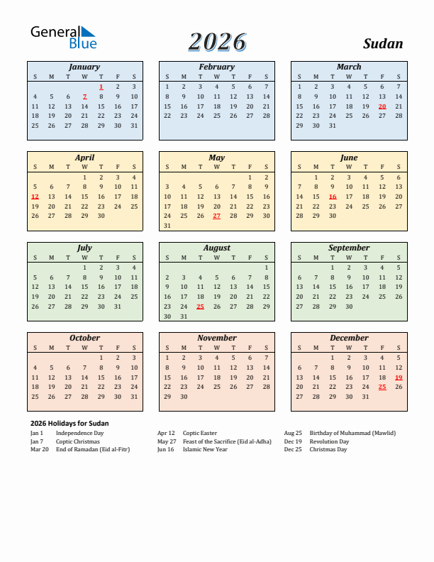 Sudan Calendar 2026 with Sunday Start
