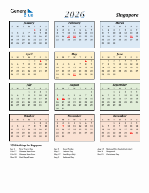 Singapore current year calendar 2026 with holidays