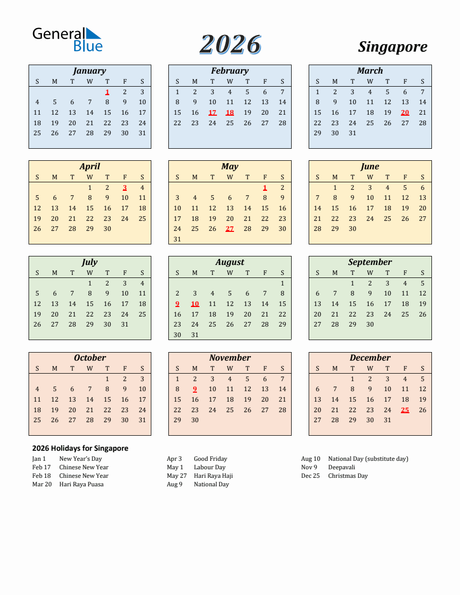 2026 Singapore Calendar with Sunday Start