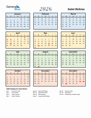 Saint Helena current year calendar 2026 with holidays