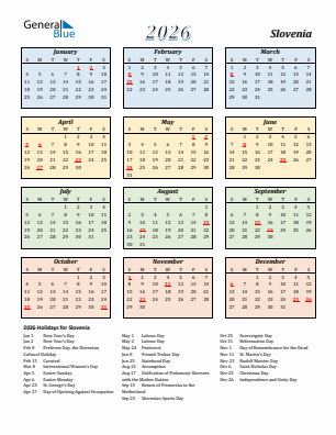Slovenia current year calendar 2026 with holidays