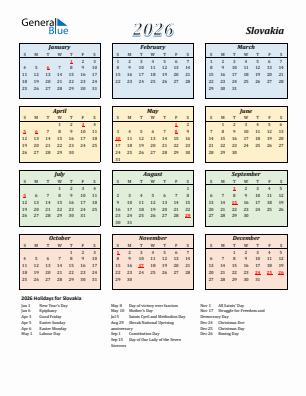 Slovakia current year calendar 2026 with holidays
