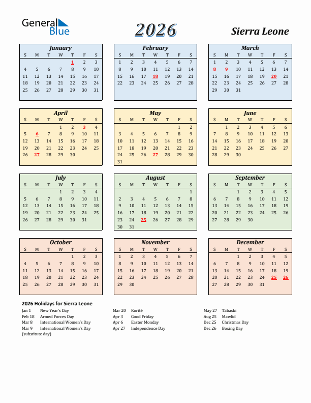 Sierra Leone Calendar 2026 with Sunday Start