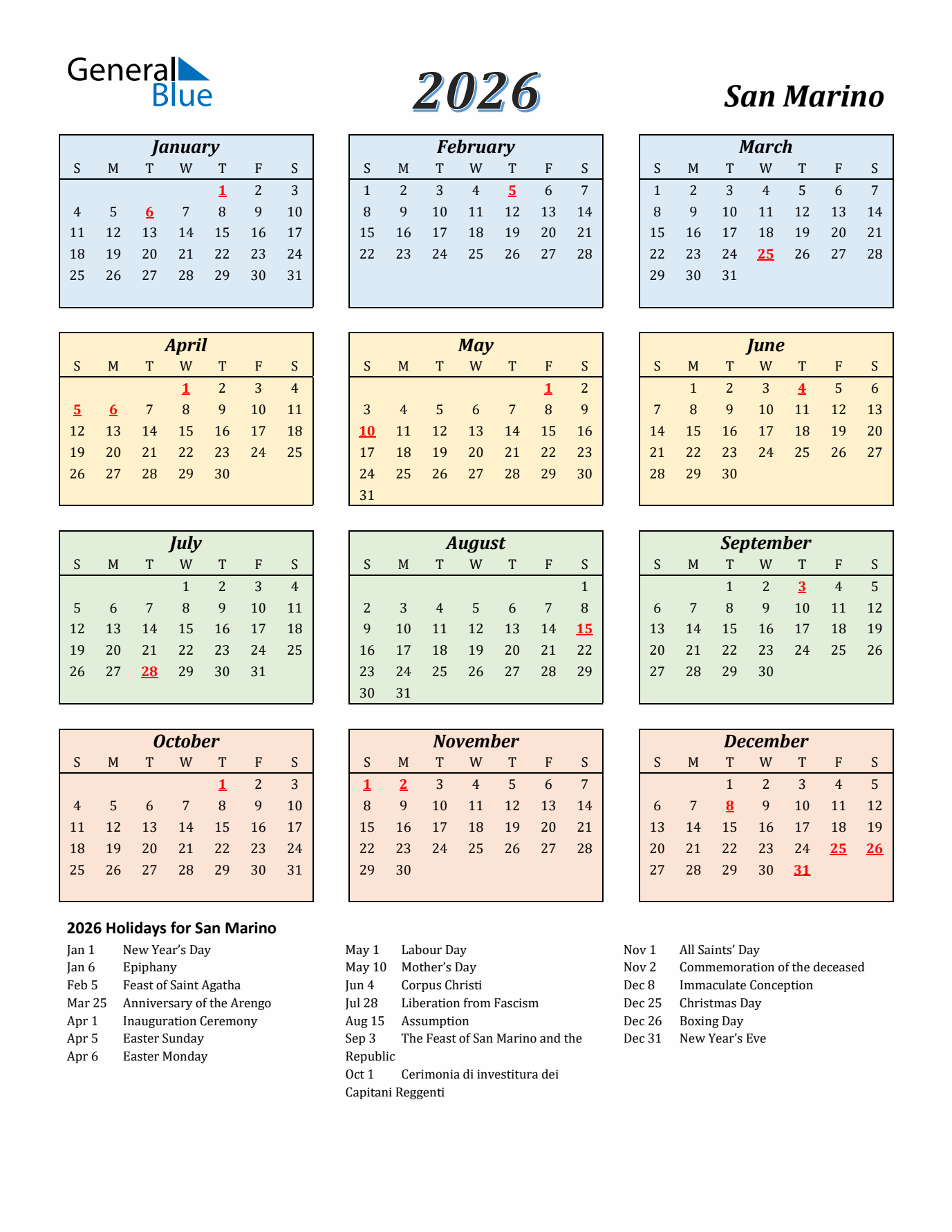 San Marino Calendar 2026 with Sunday Start