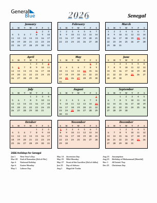 Senegal current year calendar 2026 with holidays