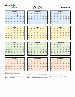 Somalia current year calendar 2026 with holidays