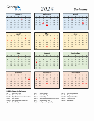 Suriname current year calendar 2026 with holidays