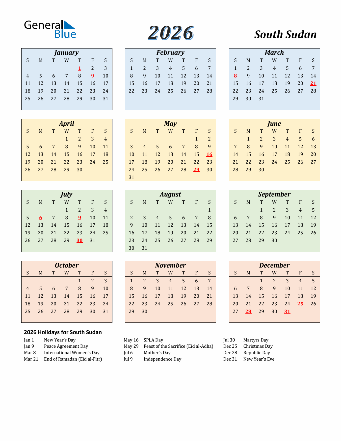 South Sudan Calendar 2026 with Sunday Start