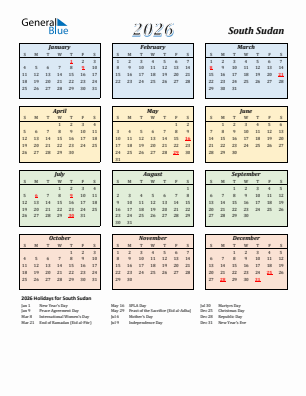South Sudan current year calendar 2026 with holidays