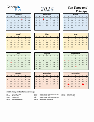 Sao Tome and Principe current year calendar 2026 with holidays