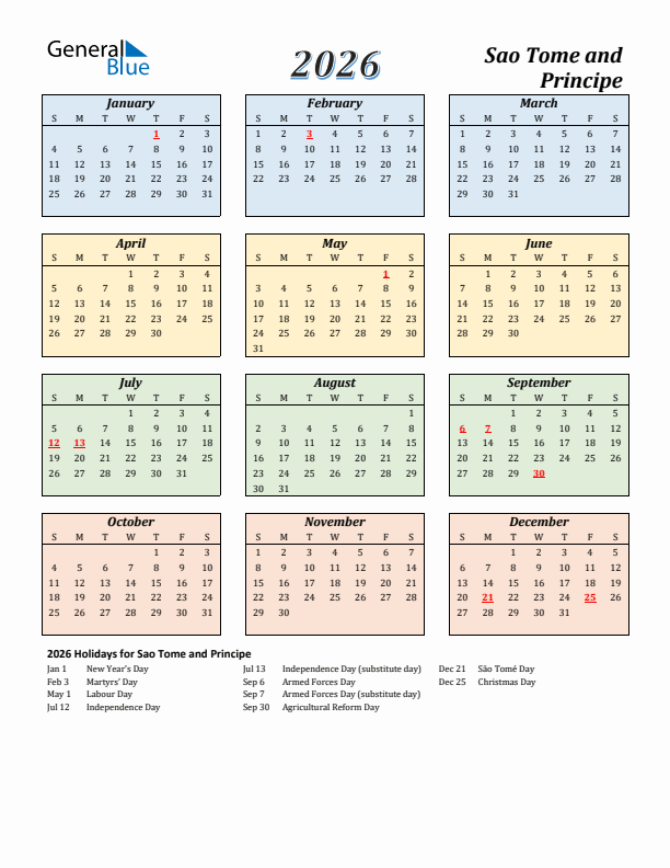 Sao Tome and Principe Calendar 2026 with Sunday Start