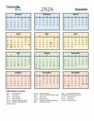 Eswatini current year calendar 2026 with holidays