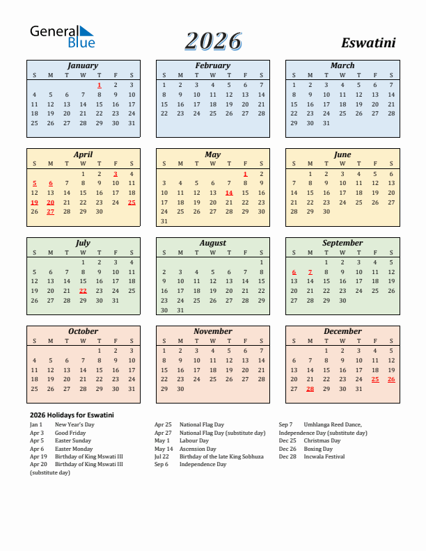 Eswatini Calendar 2026 with Sunday Start