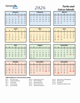 Turks and Caicos Islands current year calendar 2026 with holidays