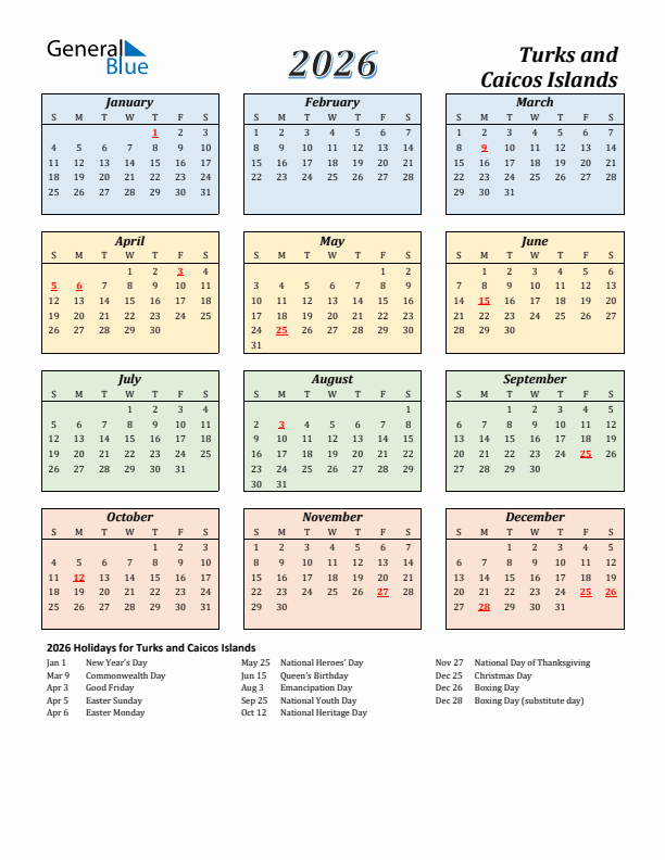 Turks and Caicos Islands Calendar 2026 with Sunday Start