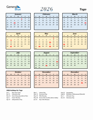 Togo current year calendar 2026 with holidays
