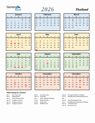 Thailand current year calendar 2026 with holidays