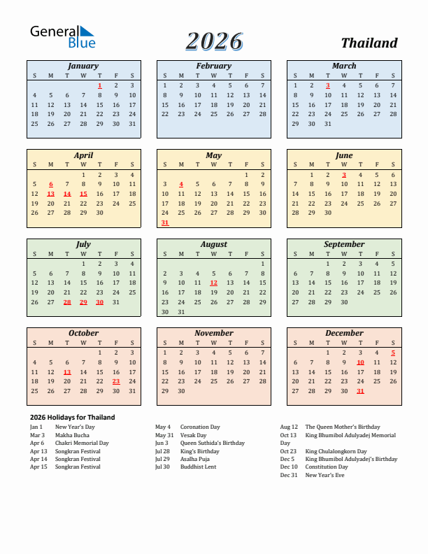 Thailand Calendar 2026 with Sunday Start