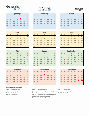 Tonga current year calendar 2026 with holidays