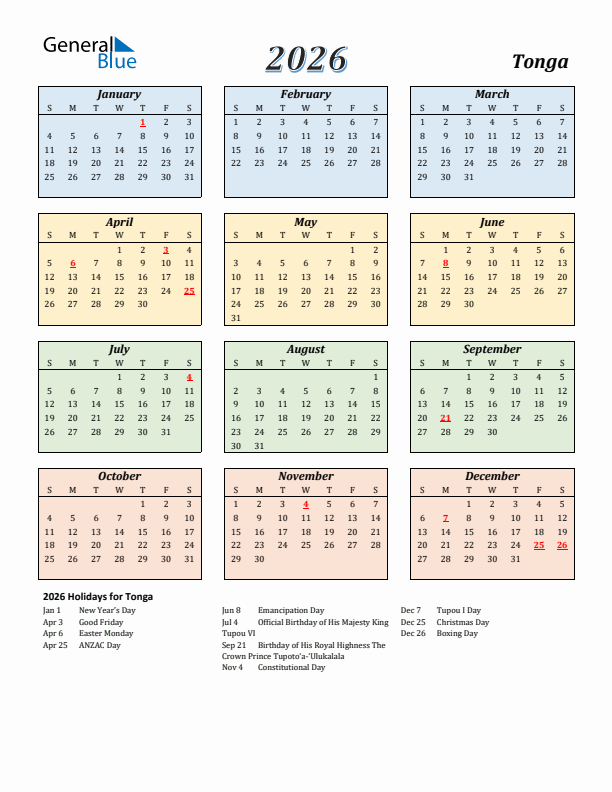Tonga Calendar 2026 with Sunday Start