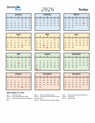Turkey current year calendar 2026 with holidays