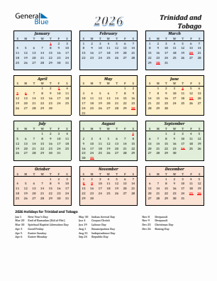 Trinidad and Tobago current year calendar 2026 with holidays