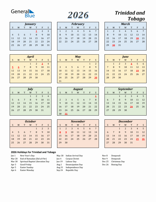 Trinidad and Tobago Calendar 2026 with Sunday Start