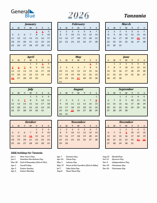 Tanzania current year calendar 2026 with holidays