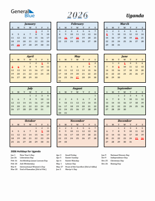 Uganda current year calendar 2026 with holidays