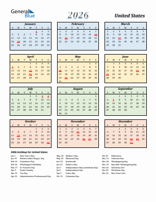 United States current year calendar 2026 with holidays