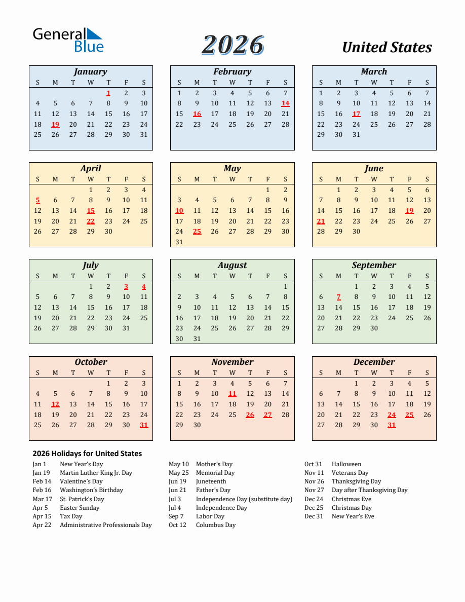 2026 United States Calendar with Sunday Start