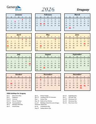 Uruguay current year calendar 2026 with holidays