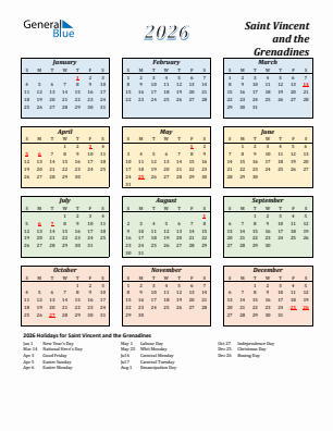 Saint Vincent and the Grenadines current year calendar 2026 with holidays