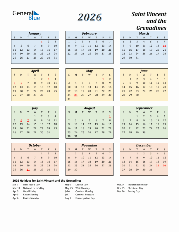 Saint Vincent and the Grenadines Calendar 2026 with Sunday Start