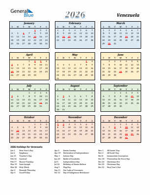 Venezuela current year calendar 2026 with holidays