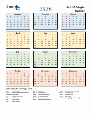 British Virgin Islands current year calendar 2026 with holidays