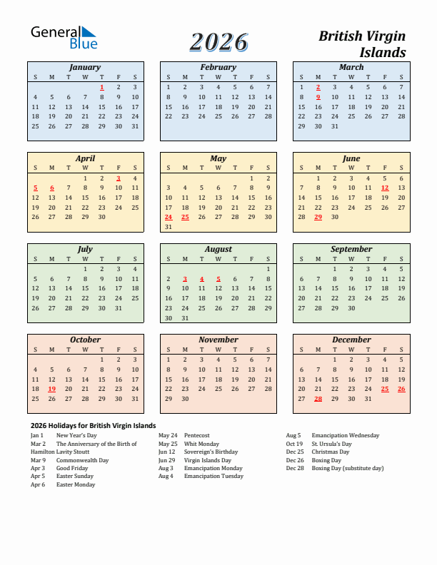 British Virgin Islands Calendar 2026 with Sunday Start