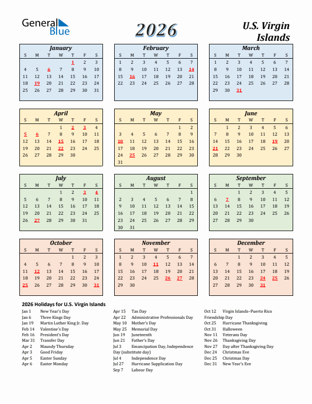 U.S. Virgin Islands Calendar 2026 with Sunday Start