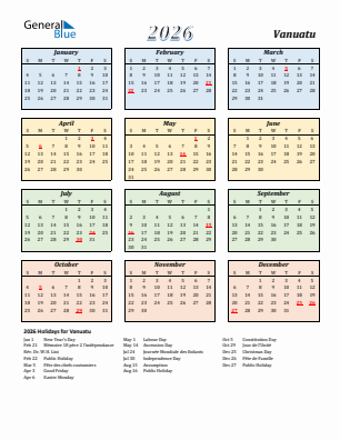 Vanuatu current year calendar 2026 with holidays